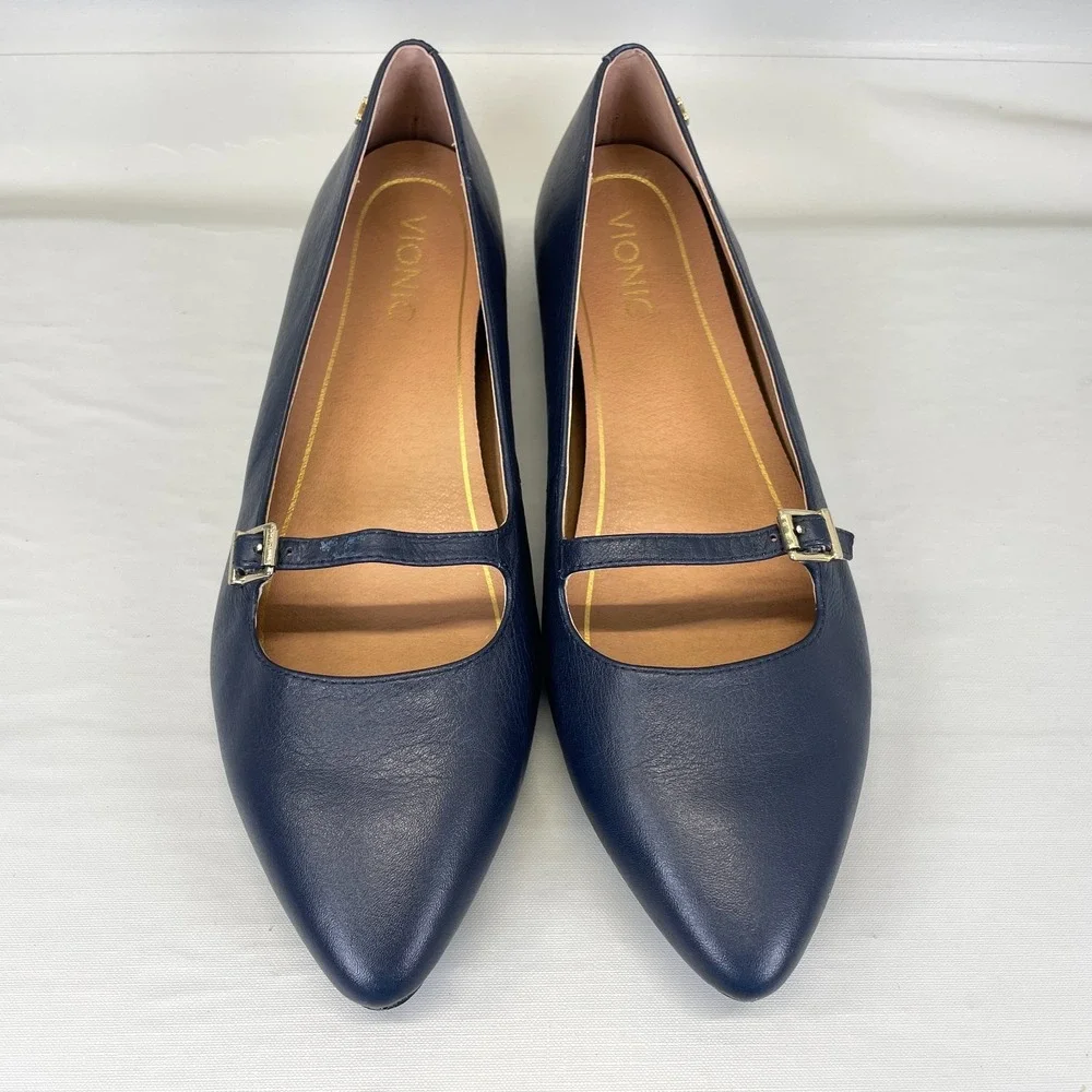 Vionic Delilah Mary Jane Shoes Womens Size 9.5 Navy Blue Buckle Strap Flats